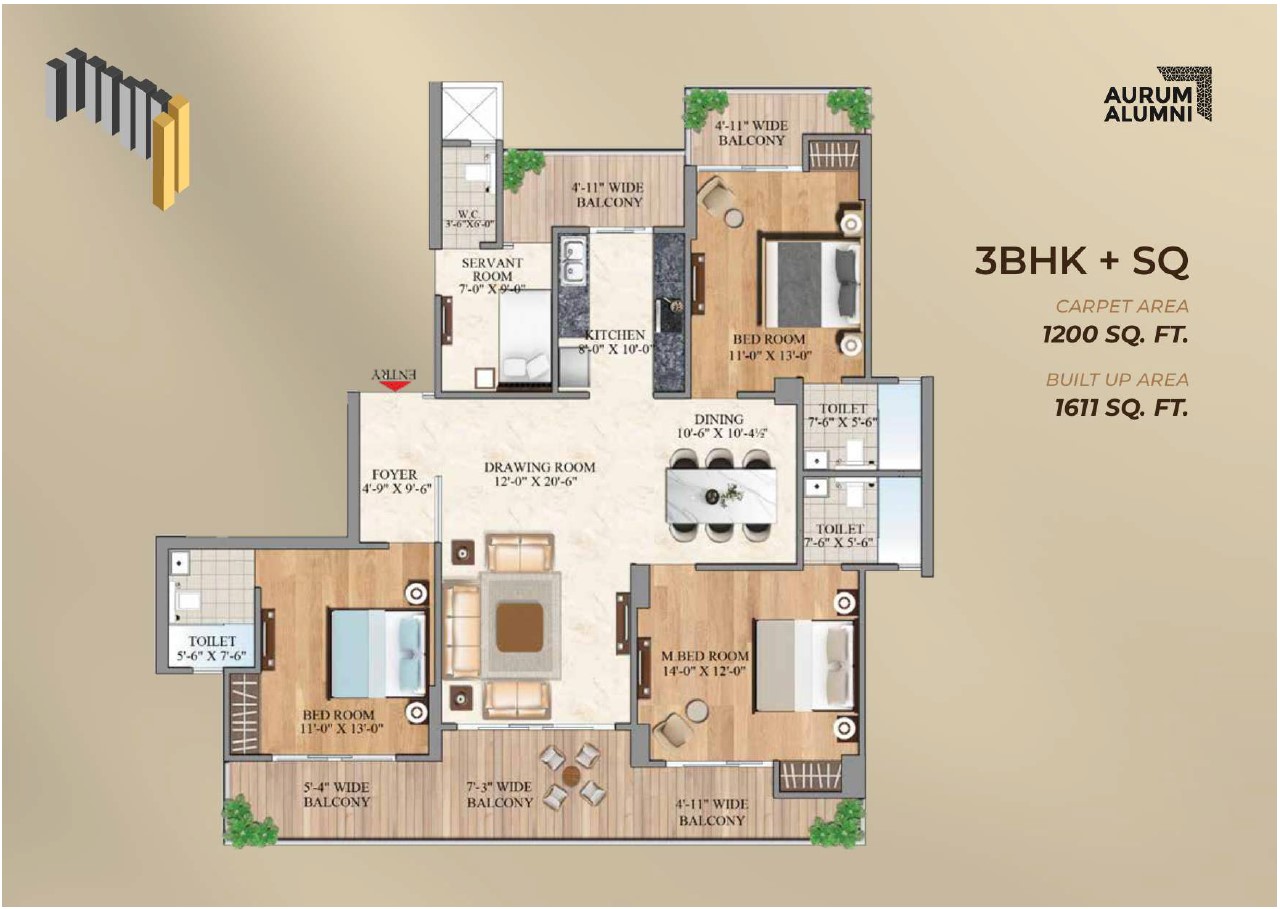 3 BHK + Ser. - 2200 Sq.Ft